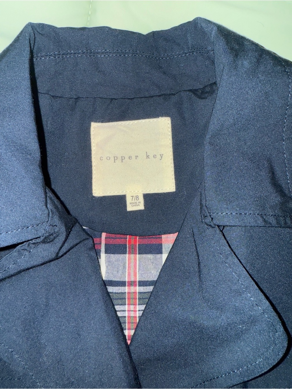 Copper Key Navy Kids Trench Coat with Plaid Trim